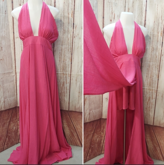 A Peach Pink Low V Cut Open Back Split Maxi & Mini Dress - Picture 4 of 16